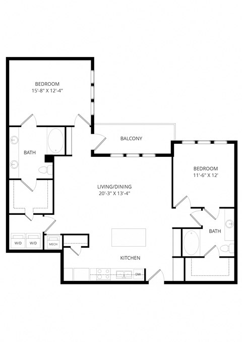 Floor plan for 2 beds, 2 baths, 1338 sqft